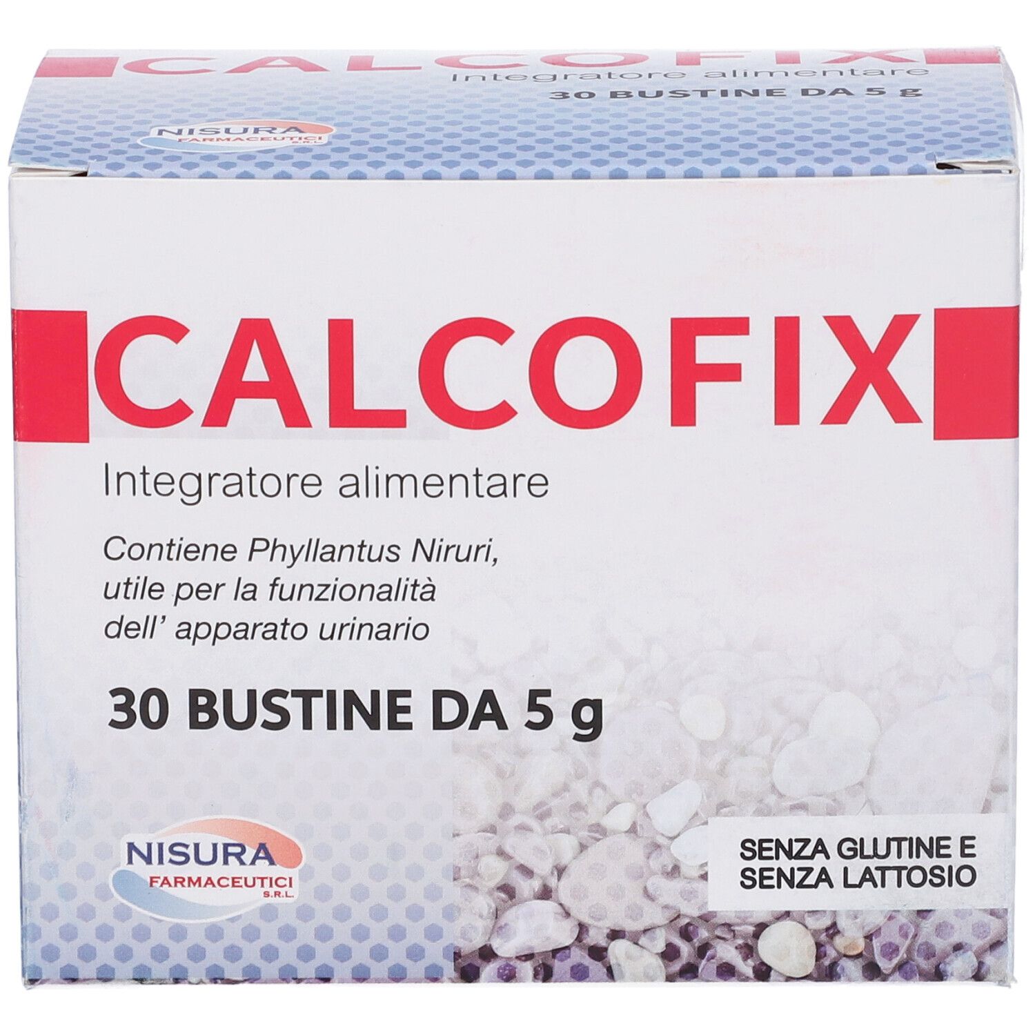 Confezione Calcofix. Contiene 30 bustine. Scritta: Integratore alimentare. Senza glutine e senza lattosio.
