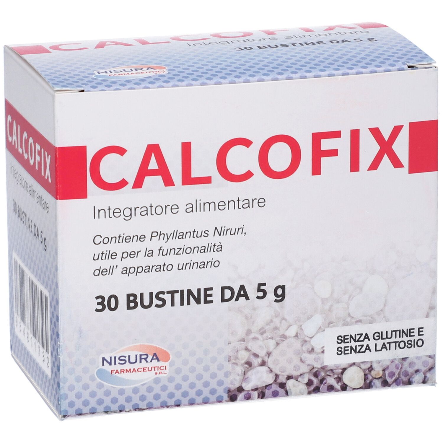 Confezione Calcofix. Contiene 30 bustine. Scritta: Integratore alimentare. Senza glutine e senza lattosio.