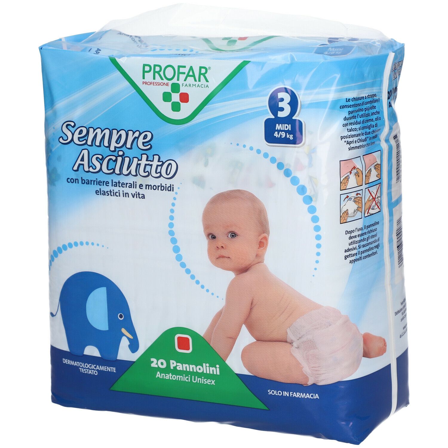 Confezione PROFAR SempreAsciutto Taglia 3, 4/9 kg. 20 pannolini. Bambino sulla confezione. Dermatologicamente testato.