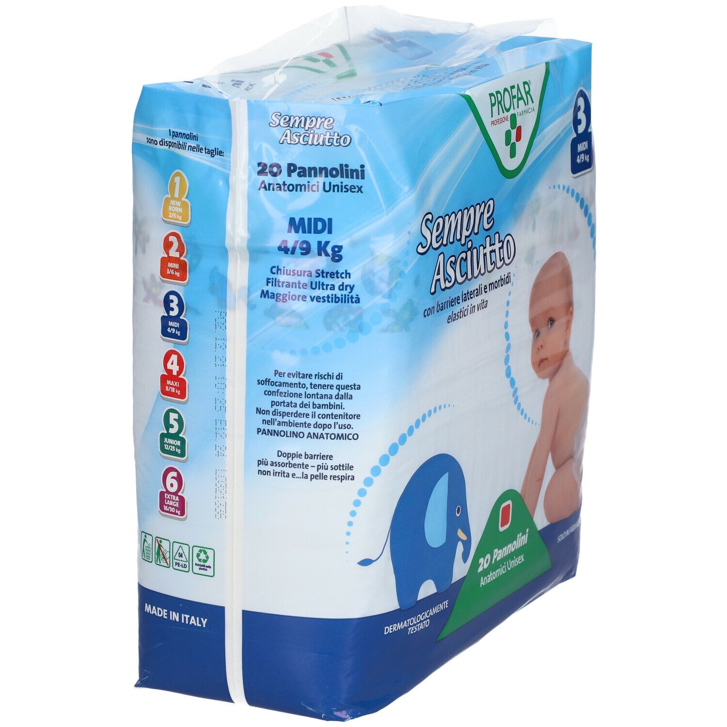 Confezione PROFAR SempreAsciutto Taglia 3, 4/9 kg. 20 pannolini. Bambino sulla confezione. Indicazioni taglie. Dermatologicamente testato.