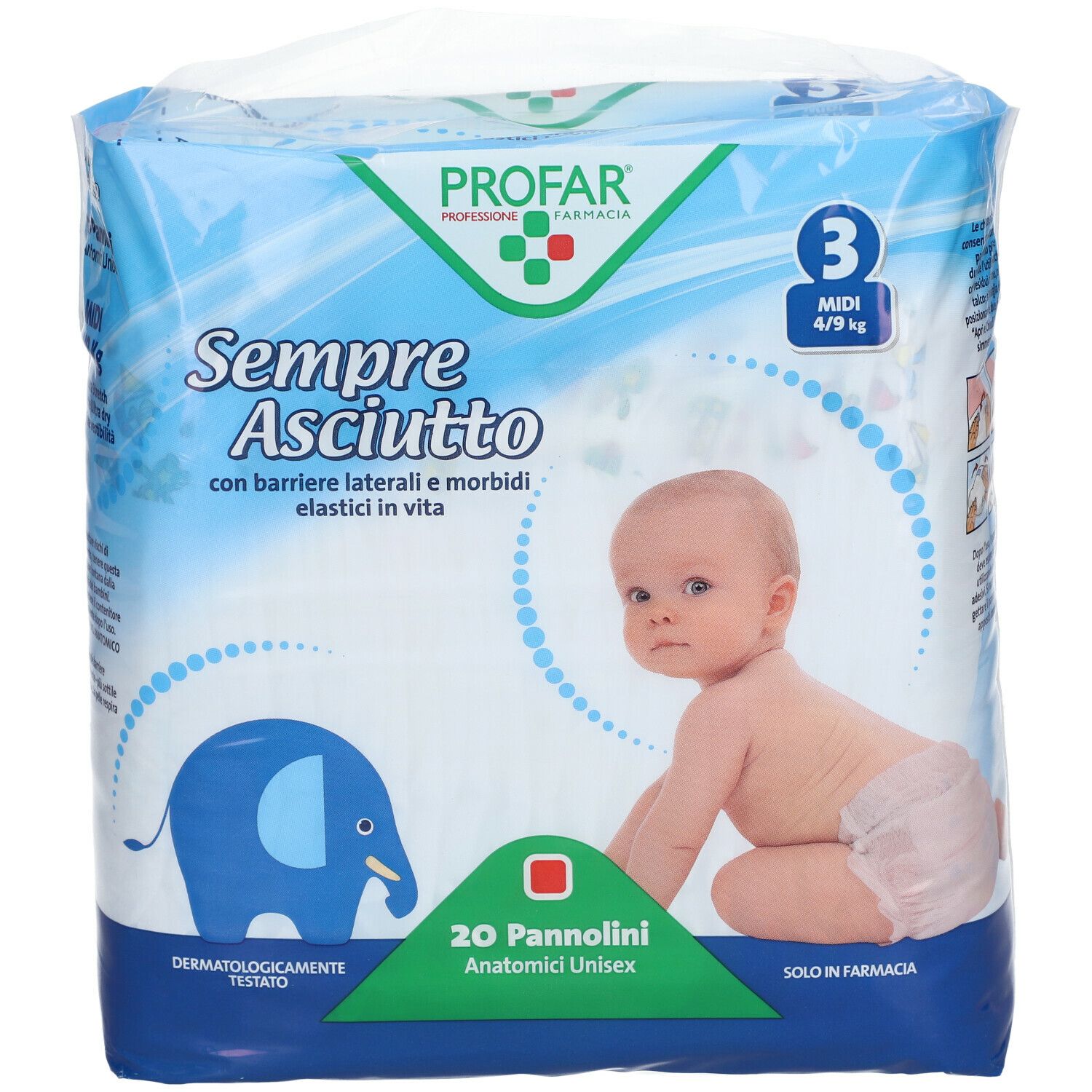 Confezione PROFAR SempreAsciutto Taglia 3, 4/9 kg. 20 pannolini. Bambino sulla confezione. Dermatologicamente testato.
