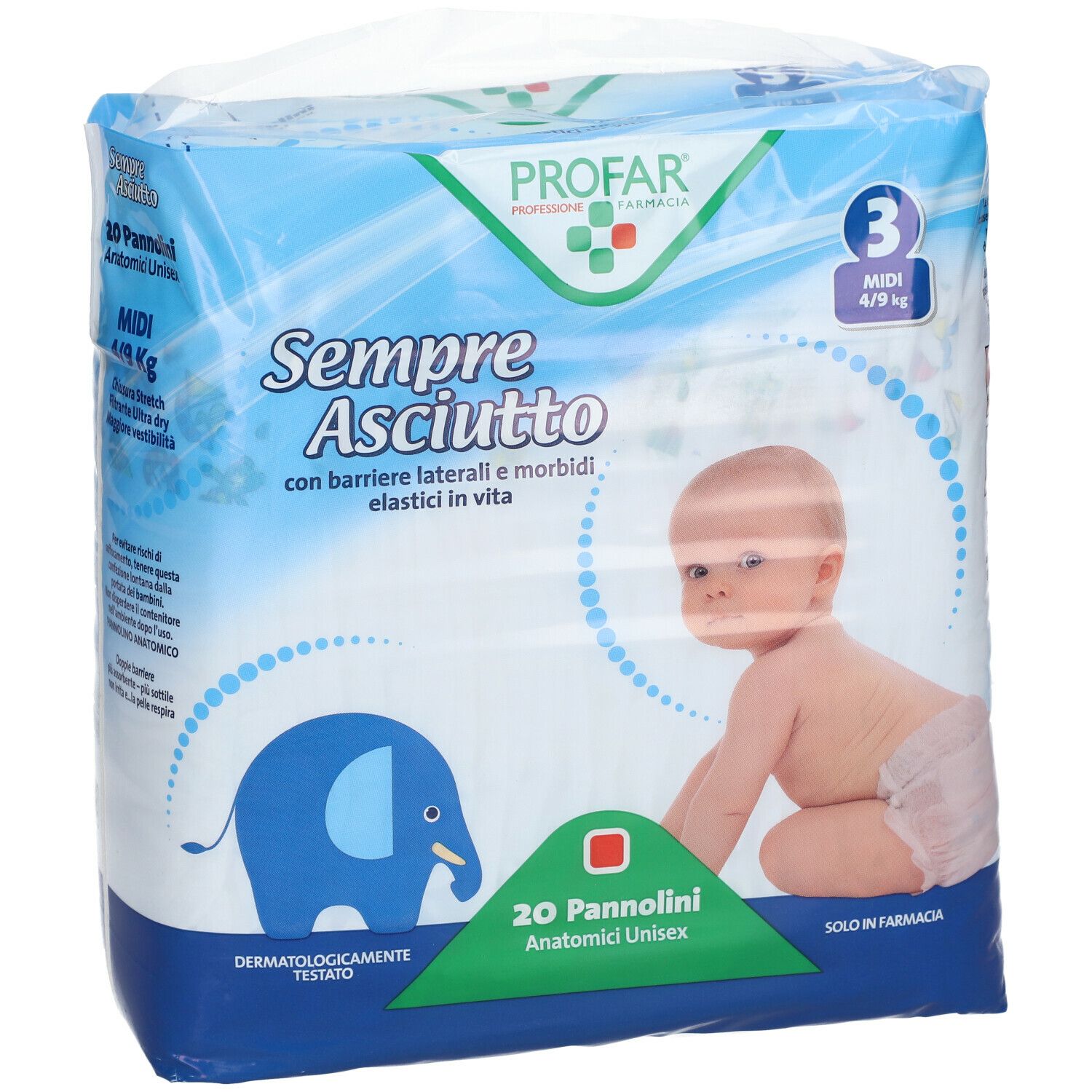 Confezione PROFAR SempreAsciutto Taglia 3, 4/9 kg. 20 pannolini. Bambino sulla confezione. Dermatologicamente testato.