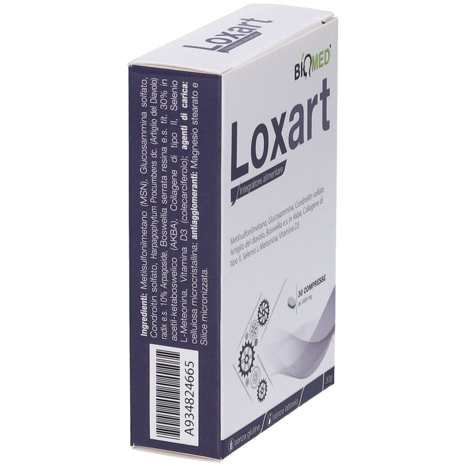 Scatola Loxart, integratore alimentare. Vista laterale con elenco ingredienti e codice a barre. Marchio: BiQmed.