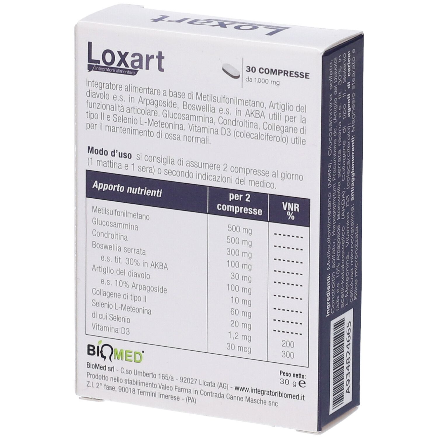 Scatola Loxart, integratore alimentare. Retro con informazioni nutrizionali. Marchio: BiQmed. Contiene 30 compresse.
