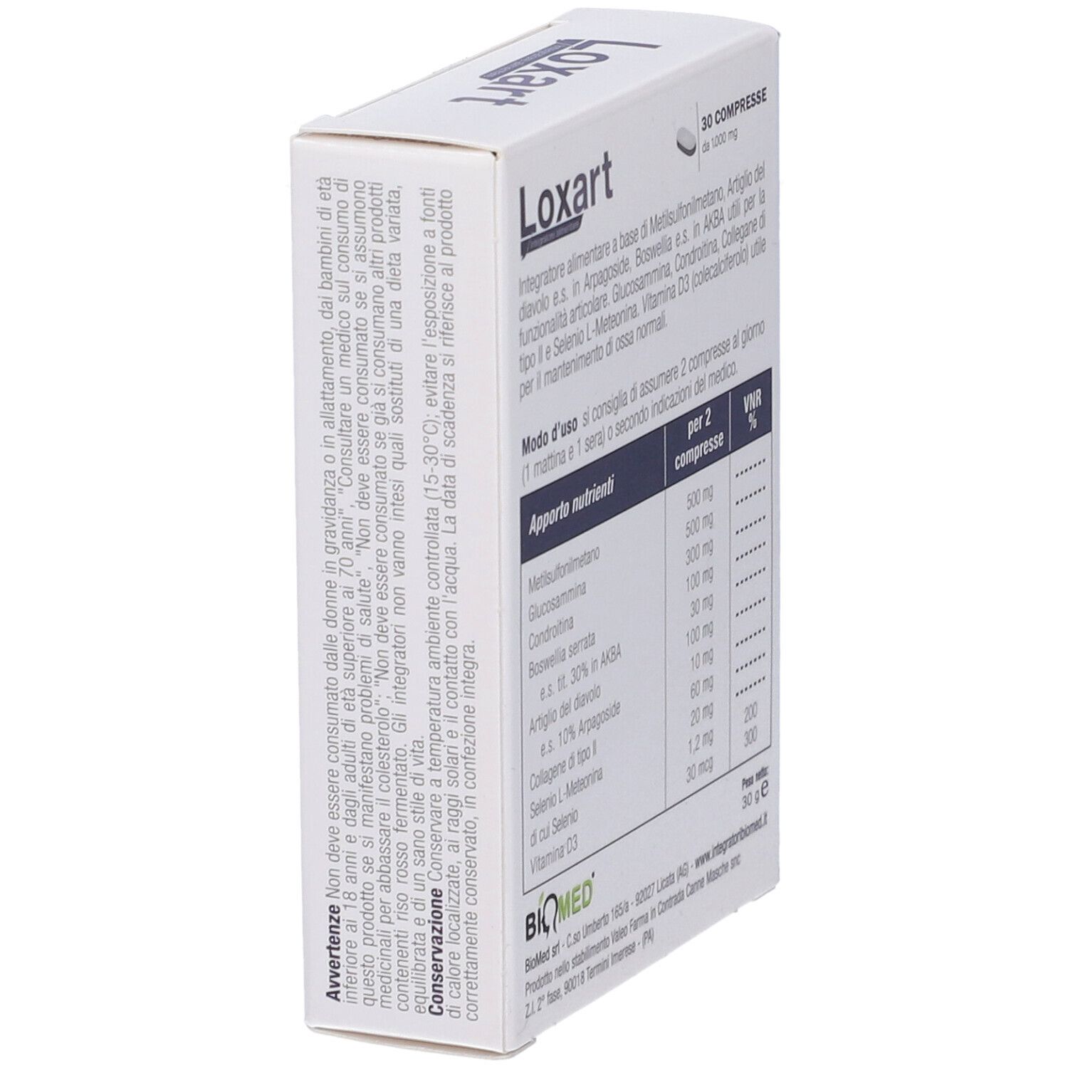 Scatola Loxart, integratore alimentare. Retro con avvertenze e informazioni nutrizionali. Marchio: BiQmed.