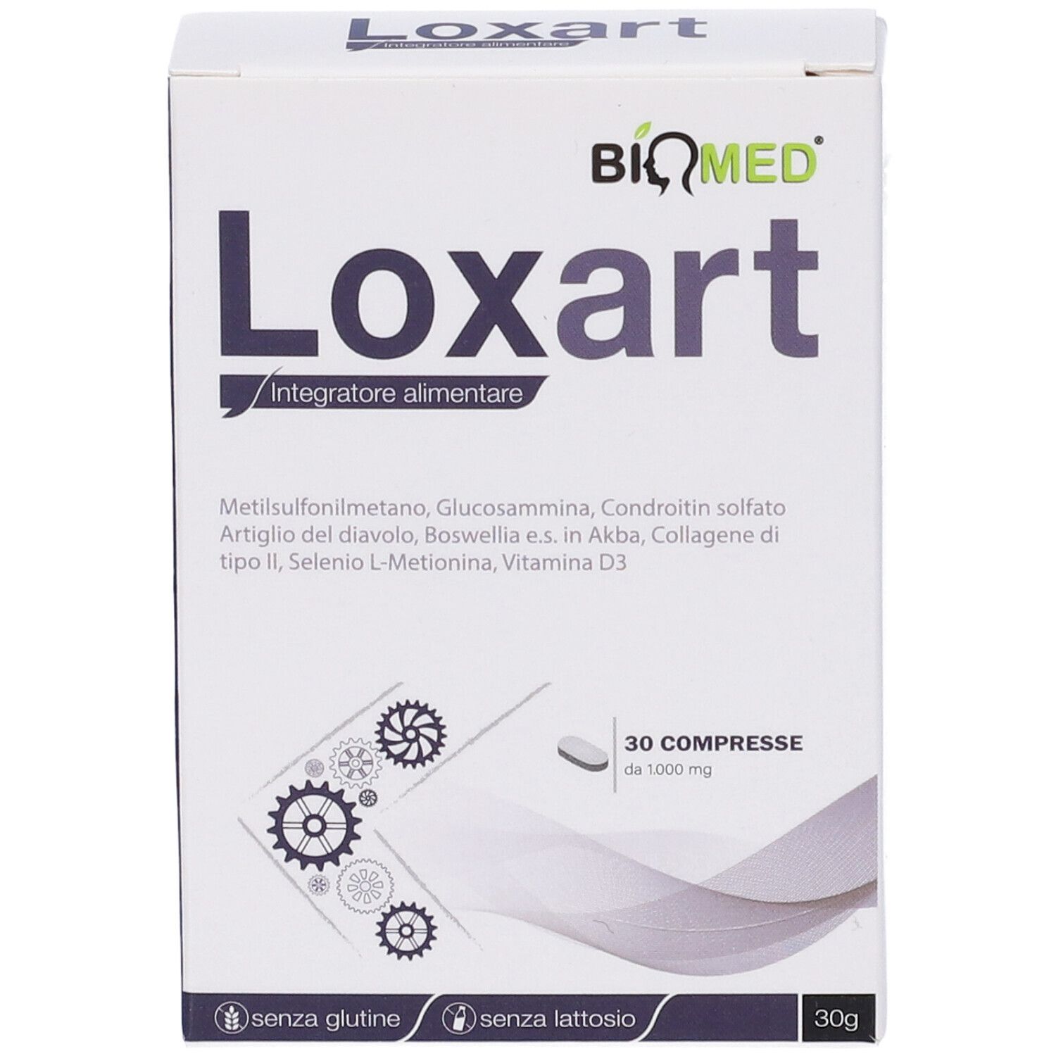 Scatola Loxart, integratore alimentare. Contiene 30 compresse. Scritto: « Integratore alimentare ». Marchio: BiQmed.