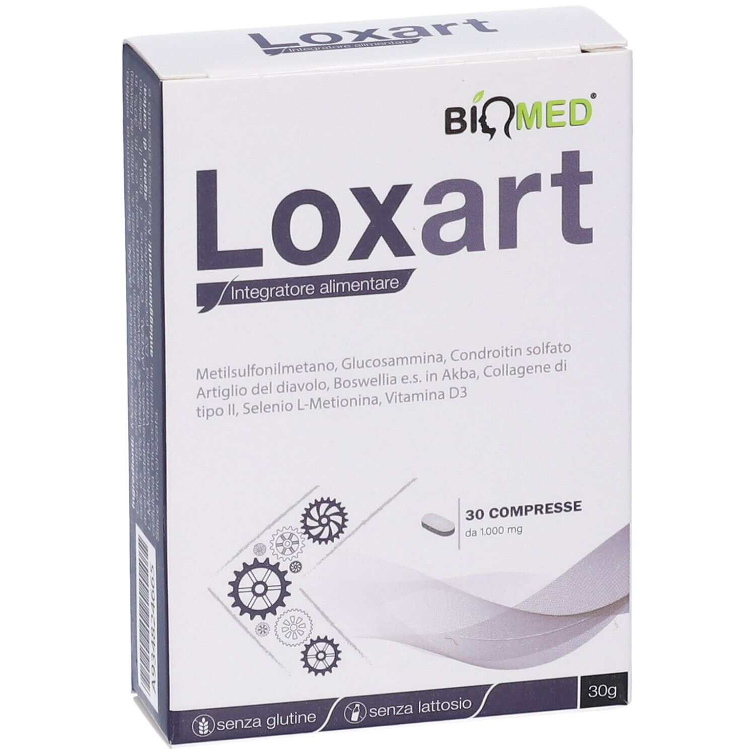 Scatola Loxart, integratore alimentare. Contiene 30 compresse. Scritto: « Integratore alimentare ». Marchio: BiQmed.