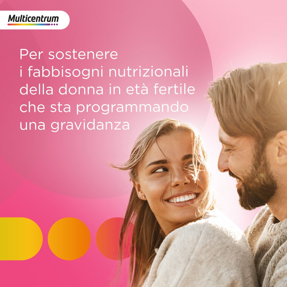 Coppia sorridente. Testo: Per sostenere i fabbisogni nutrizionali della donna in età fertile che sta programmando una gravidanza.