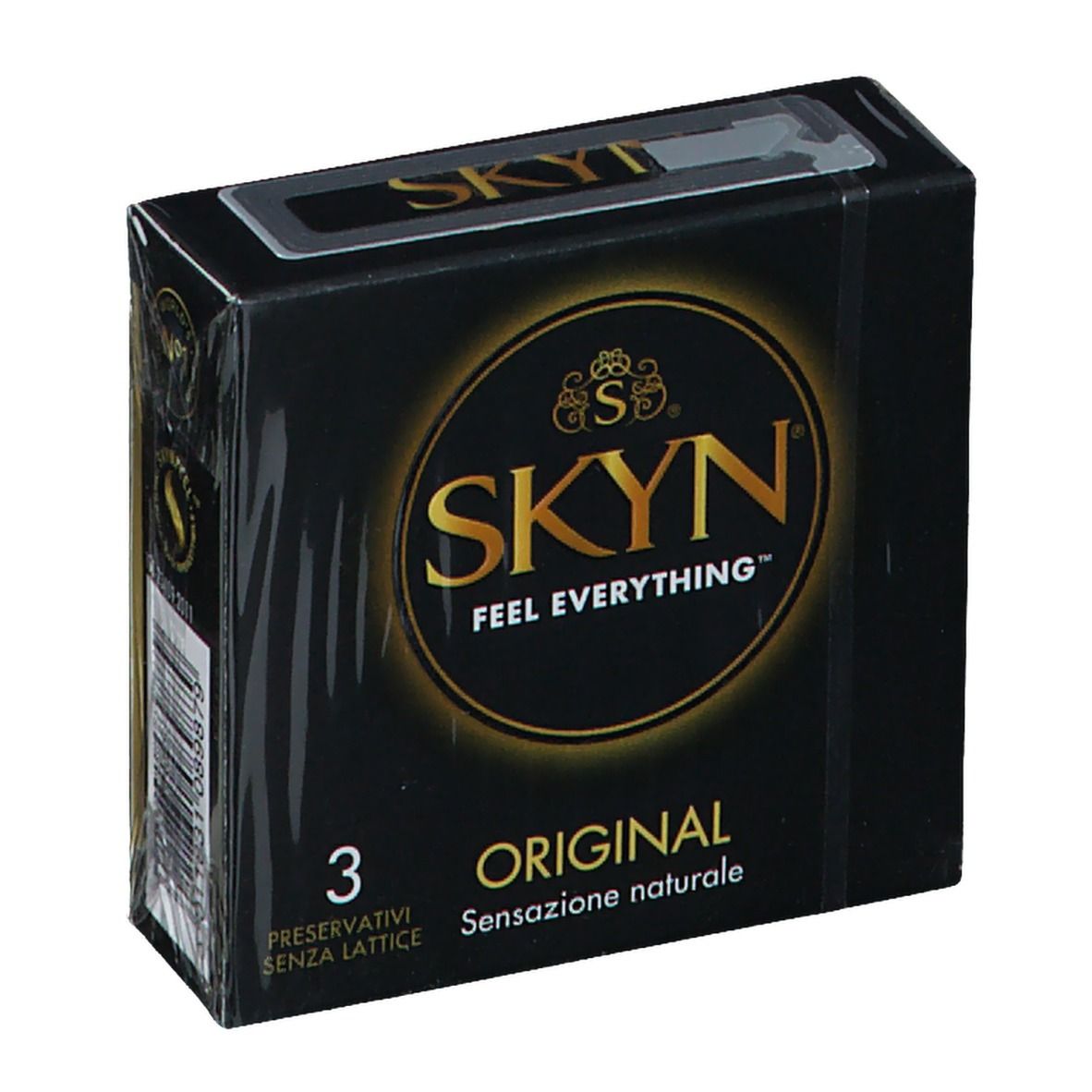 Confezione nera con logo SKYN e nome del prodotto. Contiene 3 preservativi. Testo: ORIGINAL, Sensatione naturale.
