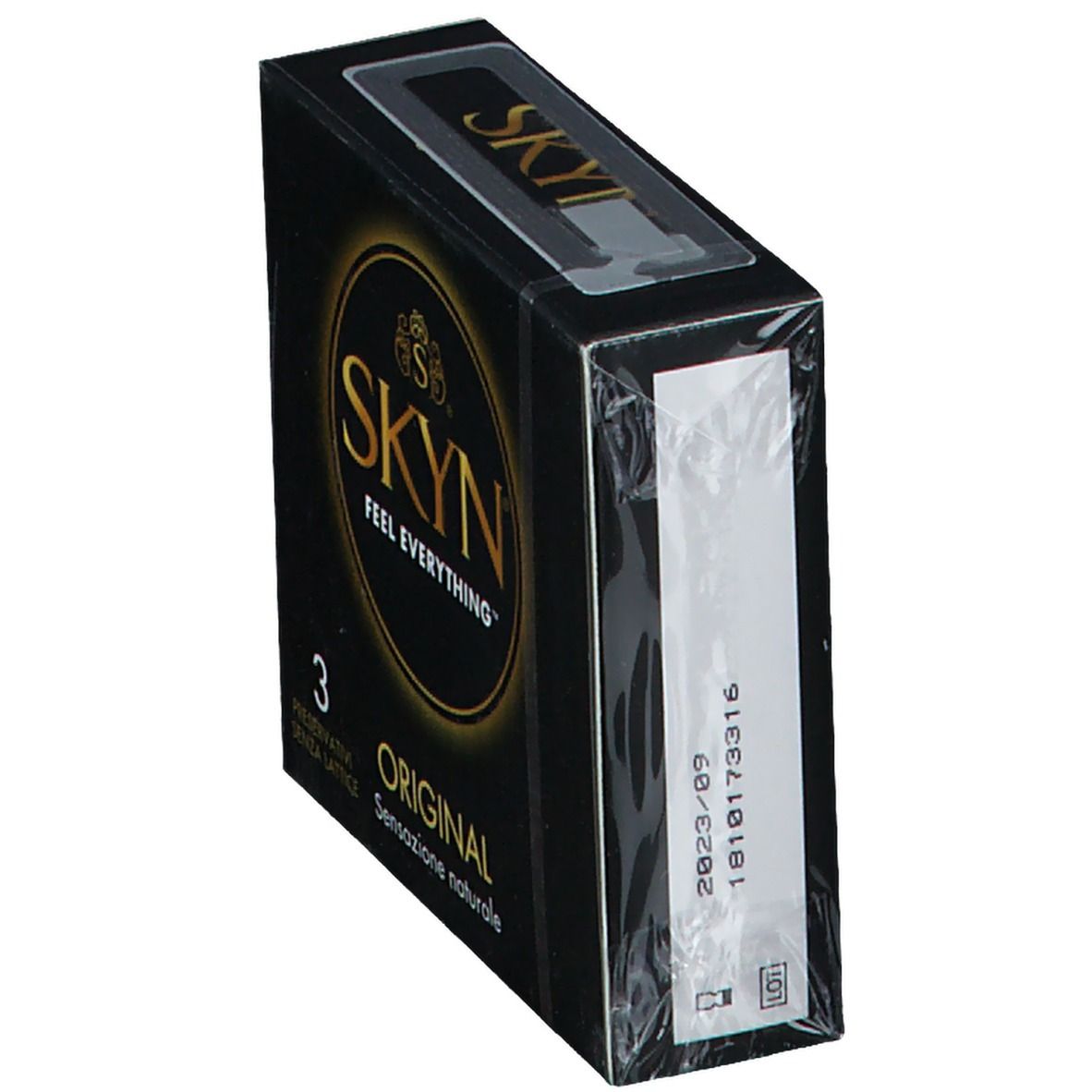Confezione nera con logo SKYN e nome del prodotto. Contiene 3 preservativi. Testo: ORIGINAL, Sensatione naturale.