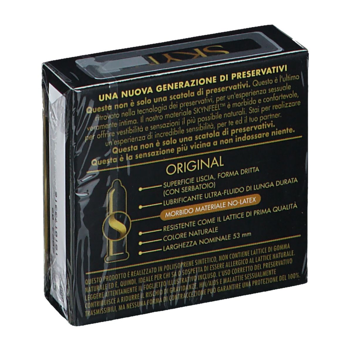 Confezione nera con informazioni sul prodotto. Contiene preservativi. Testo: ORIGINAL, Forme dritta, Morbido materiale no-latex.