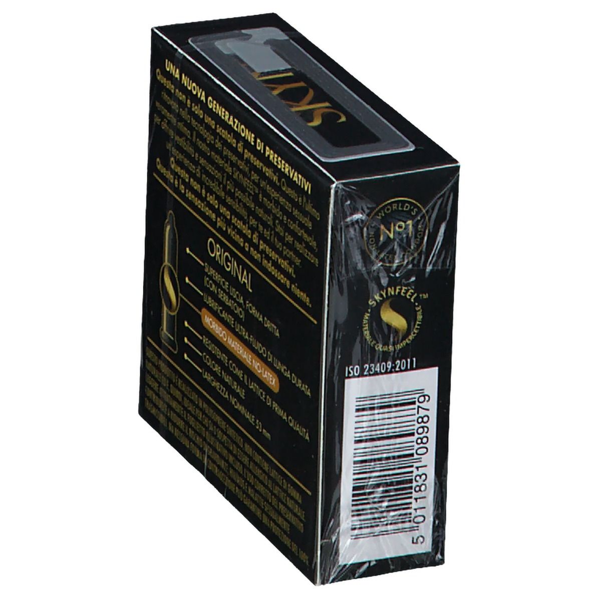 Confezione nera con informazioni sul prodotto. Contiene preservativi. Testo: ORIGINAL, Forme dritta, Morbido materiale no-latex.