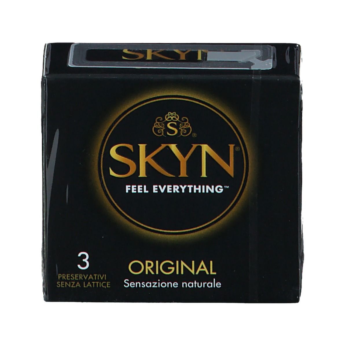 Confezione nera con logo SKYN e nome del prodotto. Contiene 3 preservativi. Testo: ORIGINAL, Sensatione naturale.