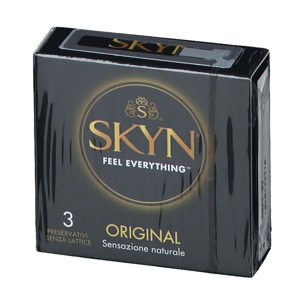 Confezione nera con logo SKYN e nome del prodotto. Contiene 3 preservativi. Testo: ORIGINAL, Sensatione naturale.