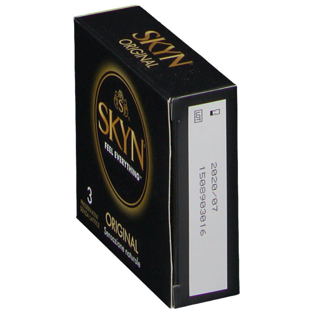 Confezione nera con logo SKYN e nome del prodotto. Contiene 3 preservativi. Testo: ORIGINAL, Sensatione naturale.