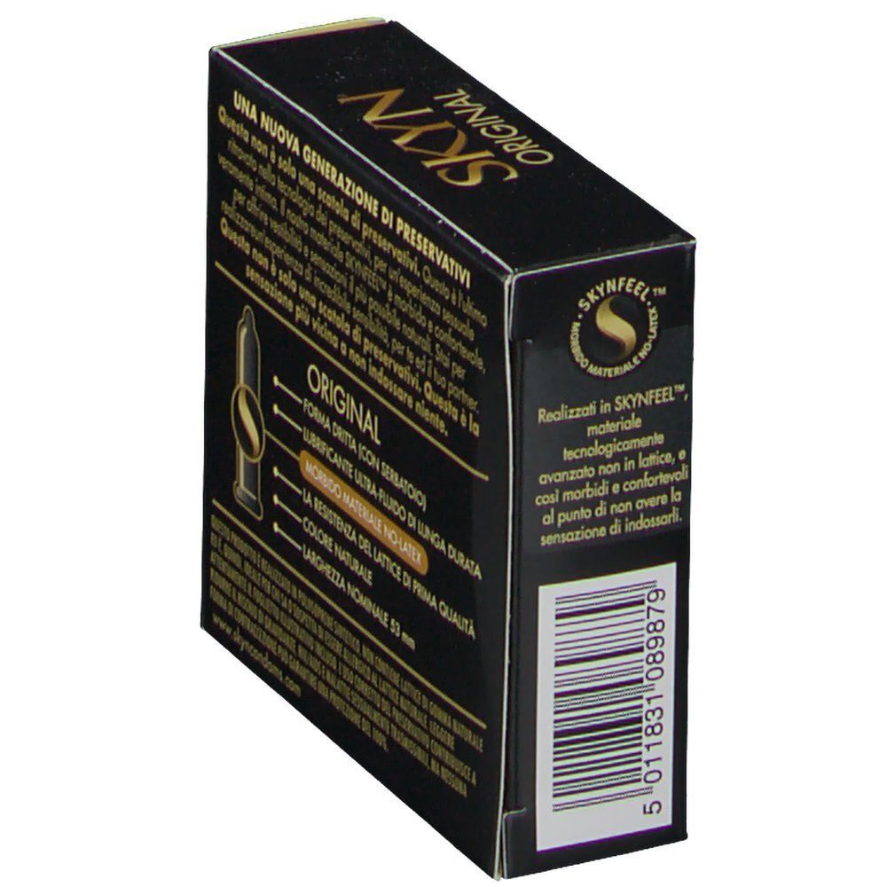 Confezione nera con informazioni sul prodotto. Contiene preservativi. Testo: ORIGINAL, Forme dritta, Morbido materiale no-latex.