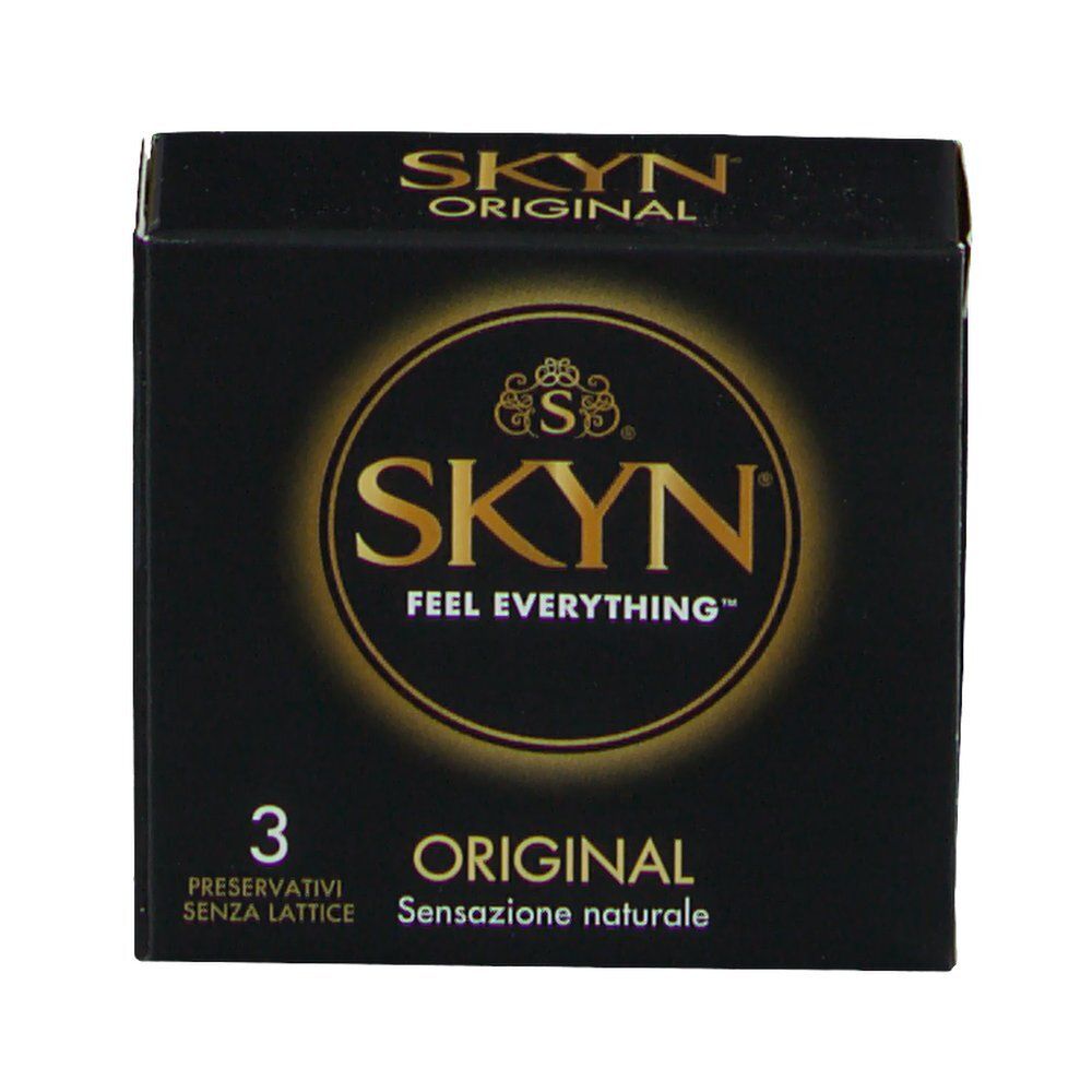Confezione nera con logo SKYN e nome del prodotto. Contiene 3 preservativi. Testo: ORIGINAL, Sensatione naturale.