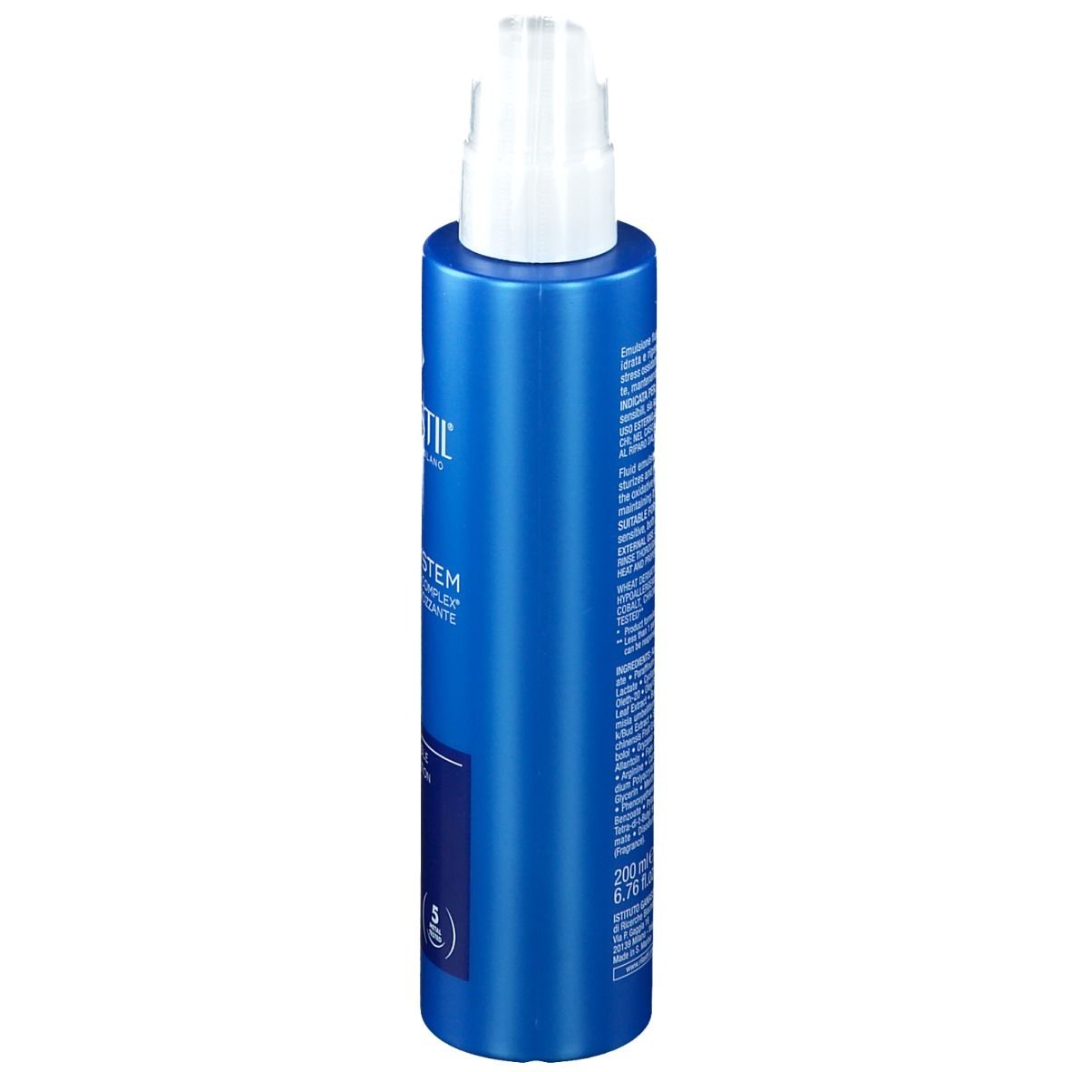 Flacone blu con erogatore bianco. Scritte: RILASTIL, SUN SYSTEM. Testo laterale. 200 ml.