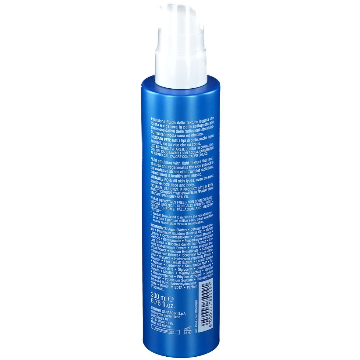 Flacone blu con erogatore bianco. Retro con testo. Ingredienti e informazioni produttore. 200 ml.