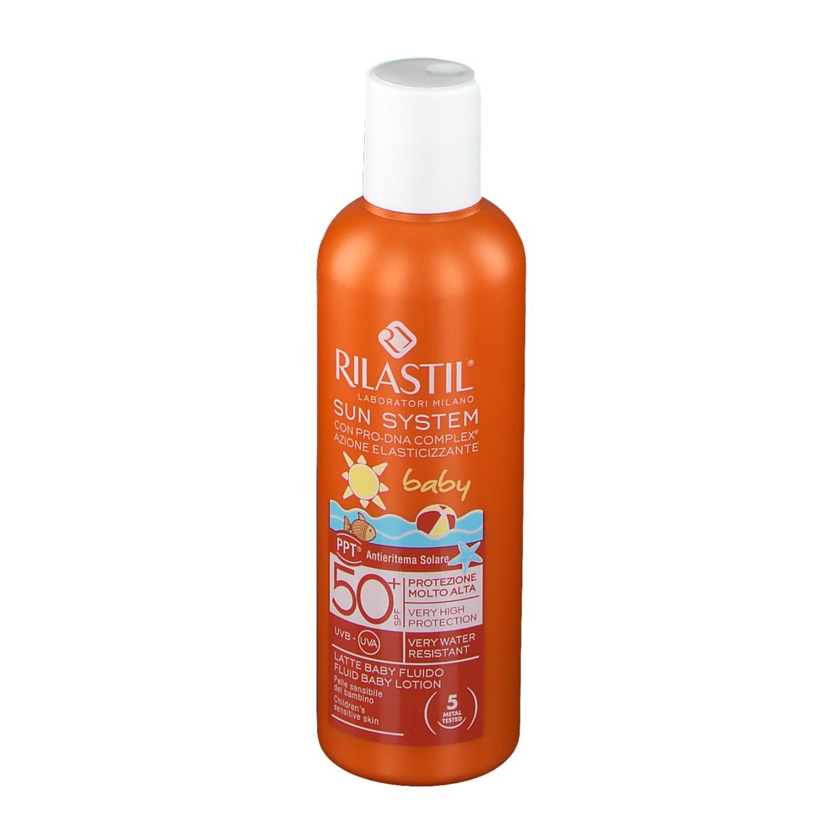 Flacone arancione con tappo bianco. Scritta: Rilastil Sun System Baby, SPF 50+.