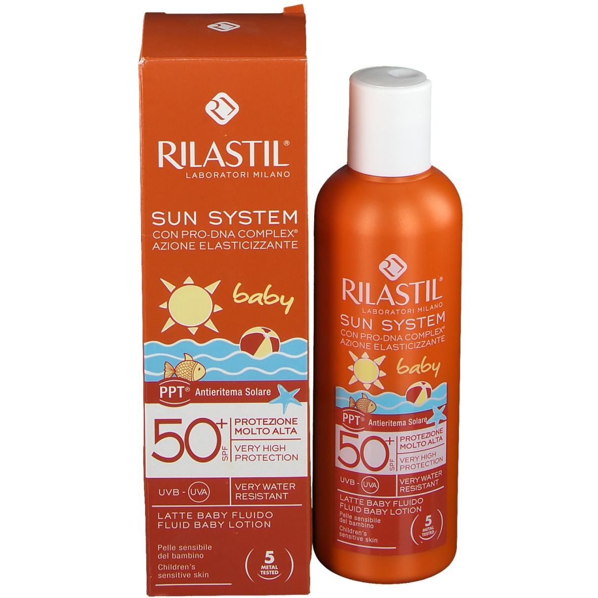 Flacone e scatola arancioni. Scritta: Rilastil Sun System Baby, SPF 50+. Lozione solare per bambini.