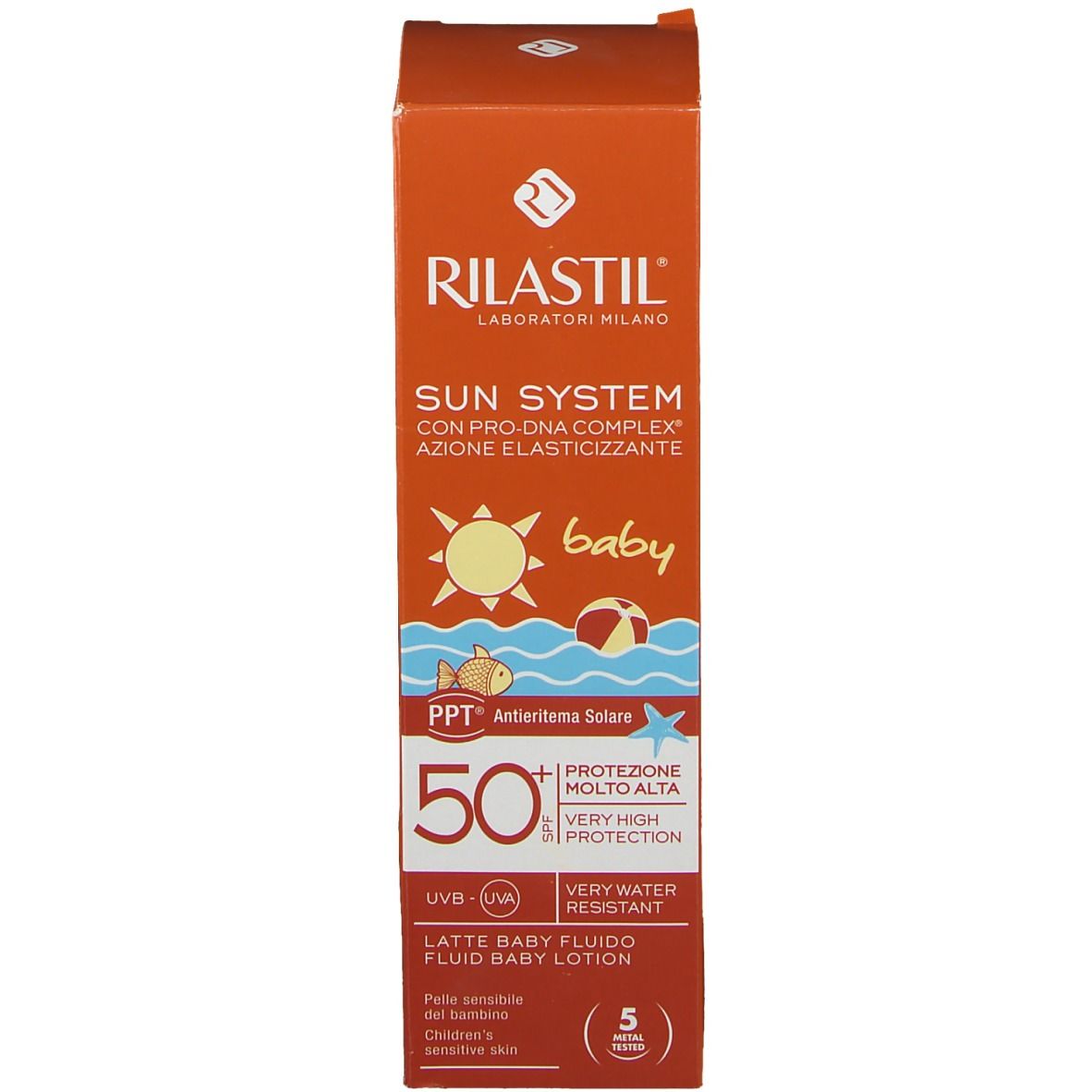 Scatola con scritta: Rilastil Sun System Baby, SPF 50+. Lozione solare per bambini.