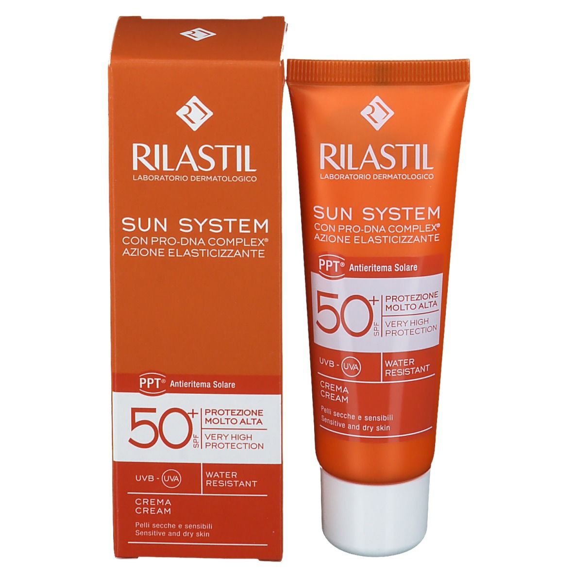 Confezione e tubo arancioni. Scritta: RILASTIL Sun System SPF 50+ Crema. PPT Antieritema Solare. Resistente all'acqua. 50.