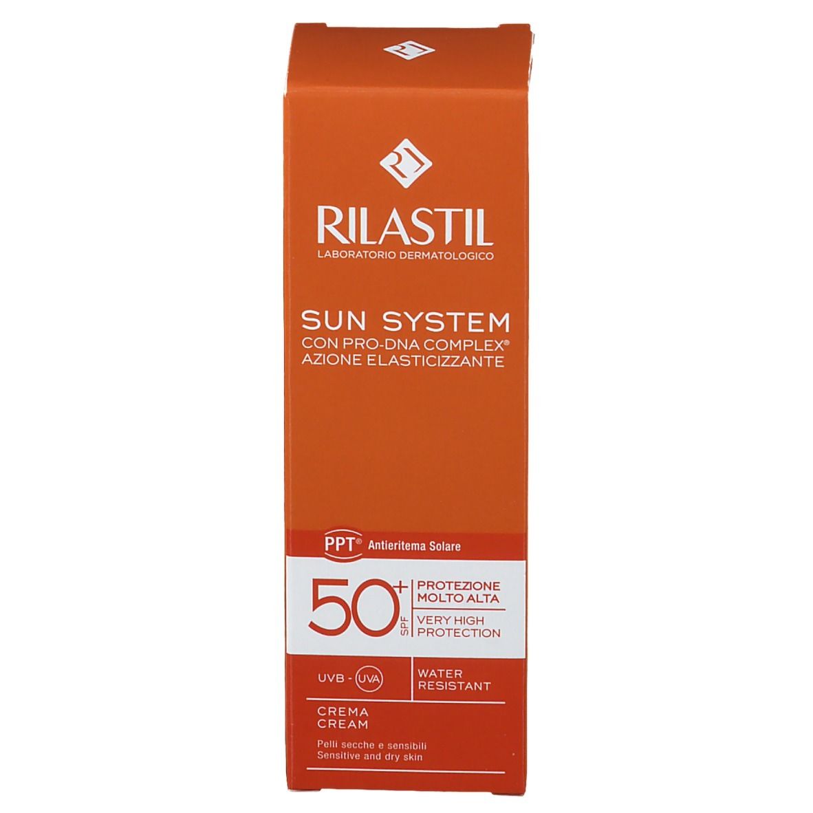 Confezione arancione. Scritta: RILASTIL Sun System SPF 50+ Crema. PPT Antieritema Solare. Resistente all'acqua. 50.