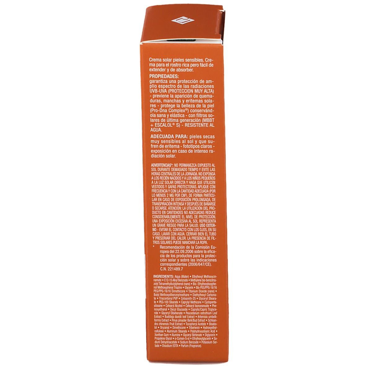 Lato della confezione arancione. Testo in italiano. Contiene informazioni sul prodotto e avvertenze.