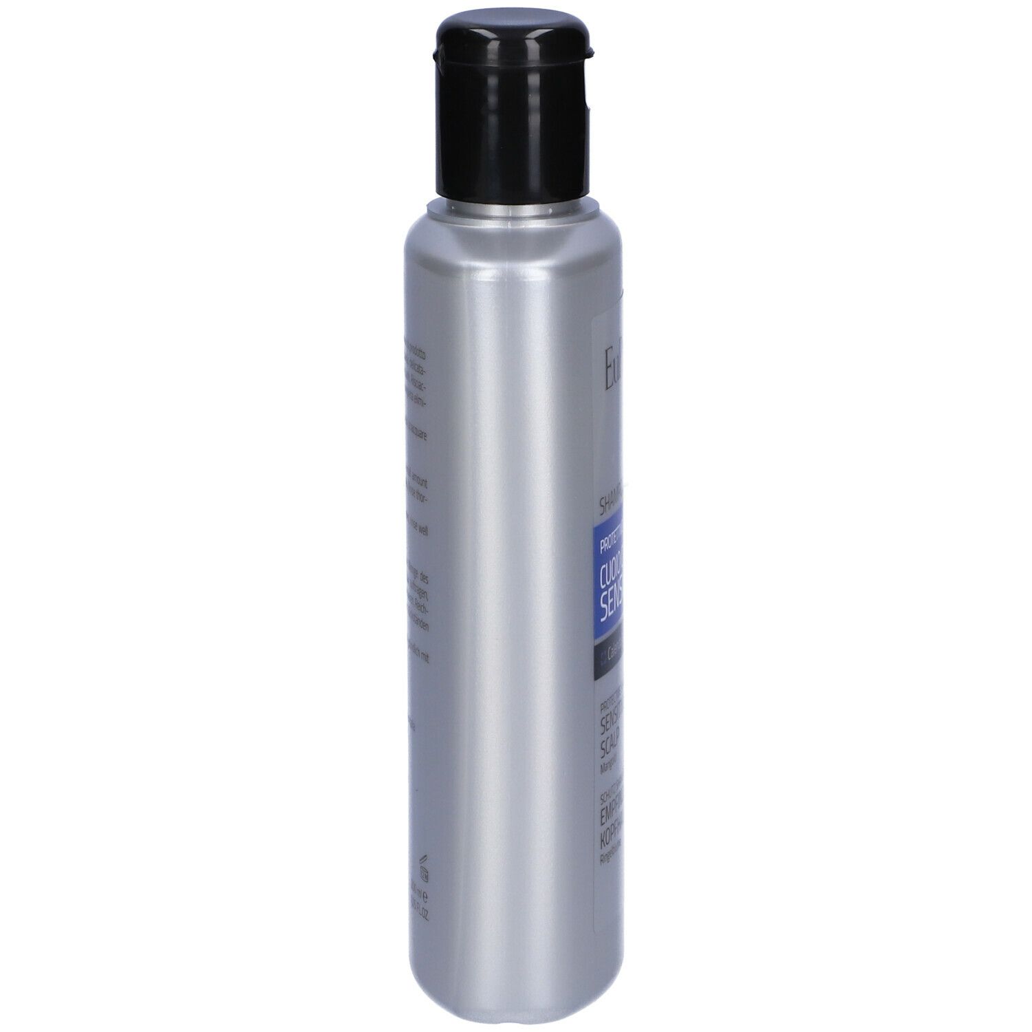Flacone di shampoo argento con tappo nero. Testo laterale in più lingue.