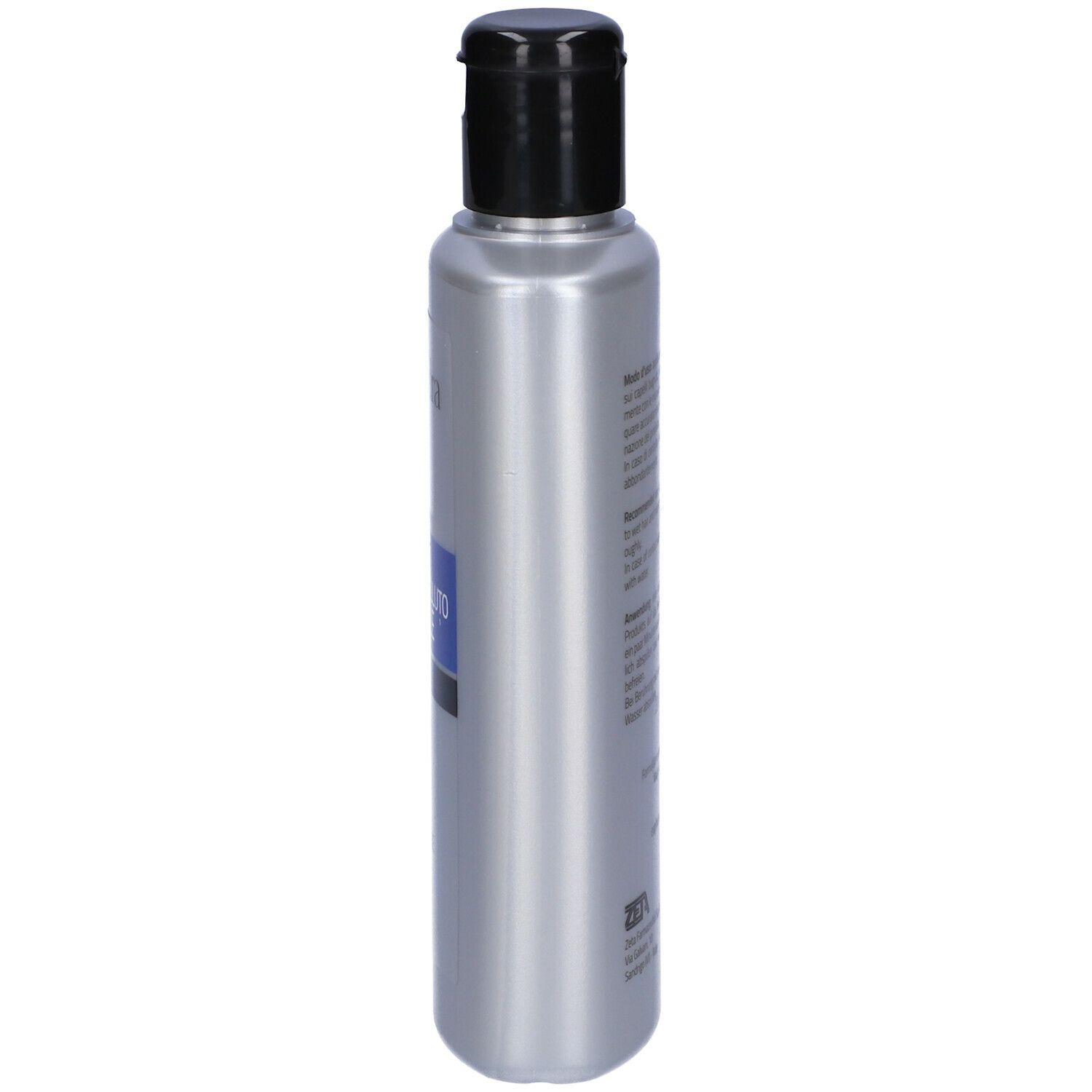 Lato di un flacone di shampoo argento con tappo nero. Testo in più lingue.