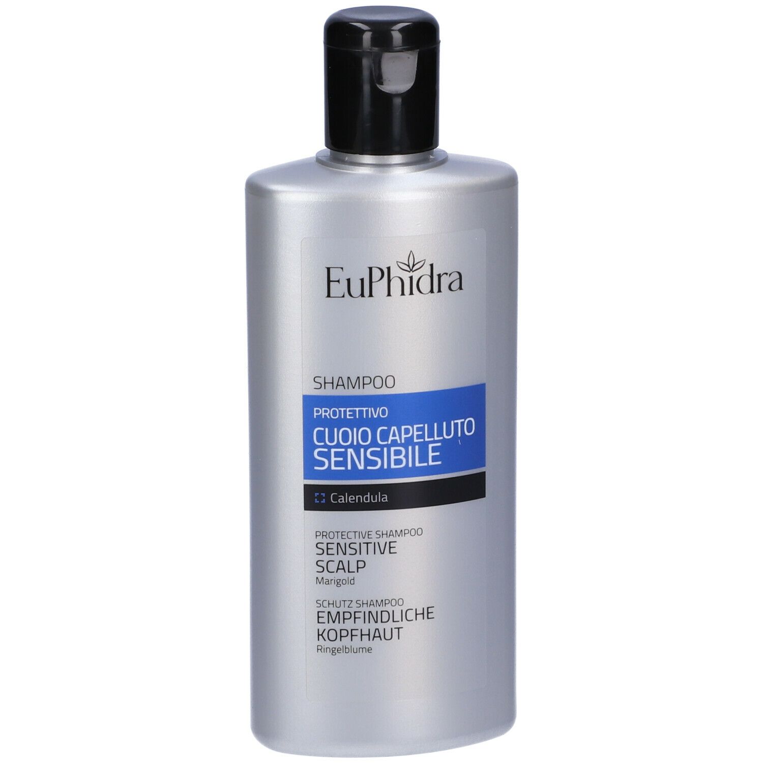 Flacone di shampoo argento con tappo nero. Scritta: Euphidra, Shampoo, Cuoio Capelluto Sensibile, Calendula.