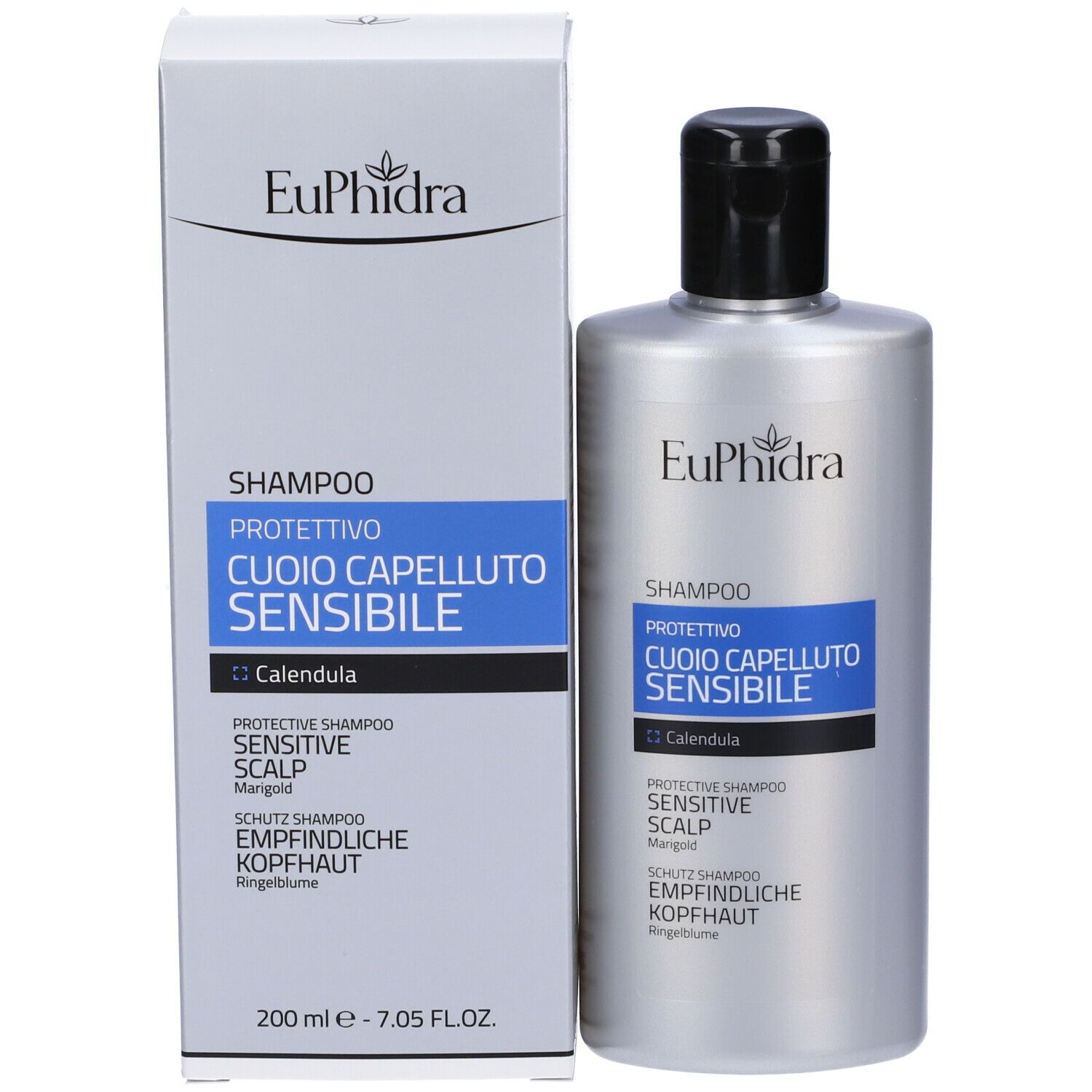 Flacone e scatola di shampoo. Scritta: Euphidra, Shampoo, Cuoio Capelluto Sensibile, Calendula. 200 ml.