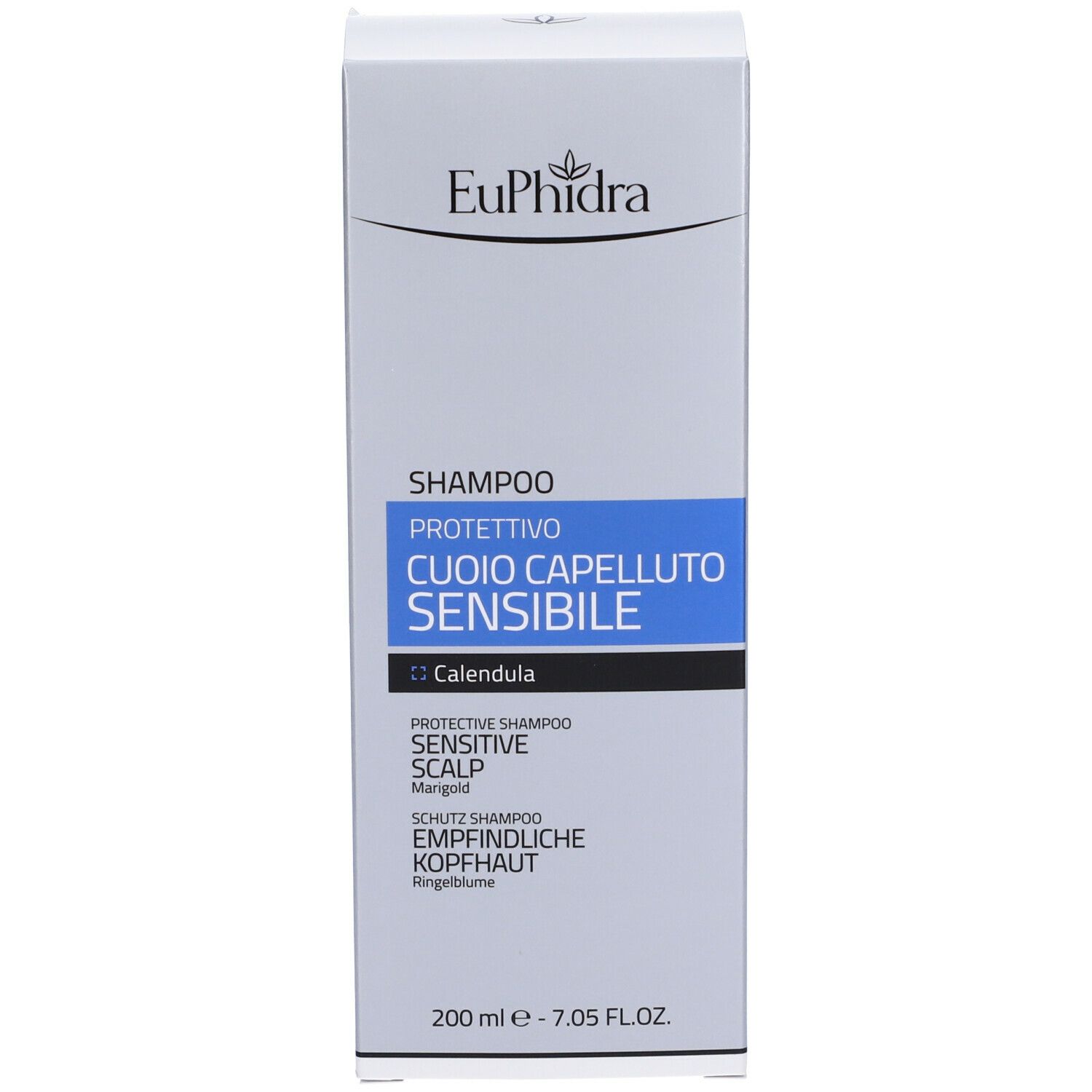 Scatola bianca con scritta: Euphidra, Shampoo, Cuoio Capelluto Sensibile, Calendula. 200 ml.