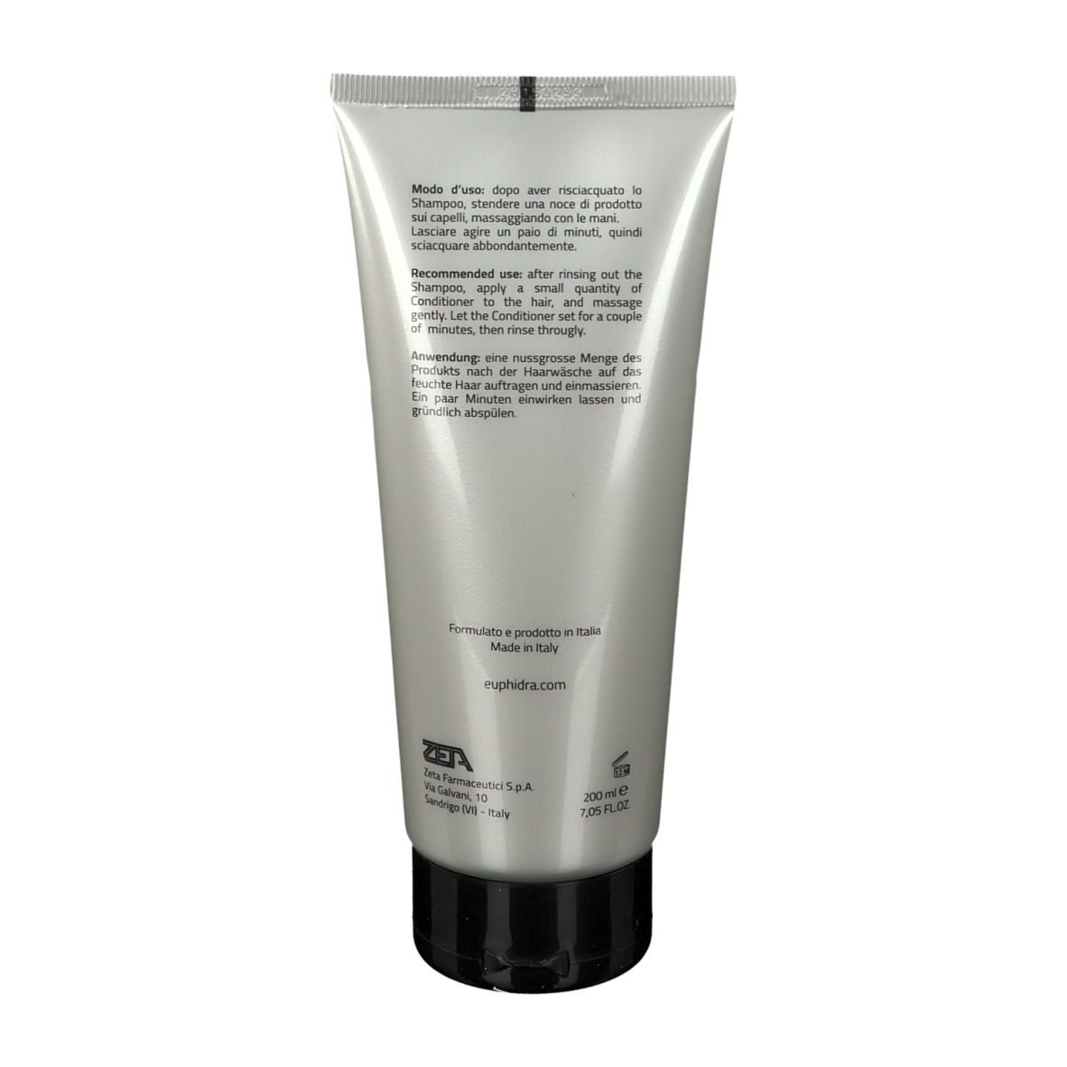 Retro del tubo EuPhidra Pflegespülung. Testo multilingue. Prodotto in Italia. Marchio e sito web.