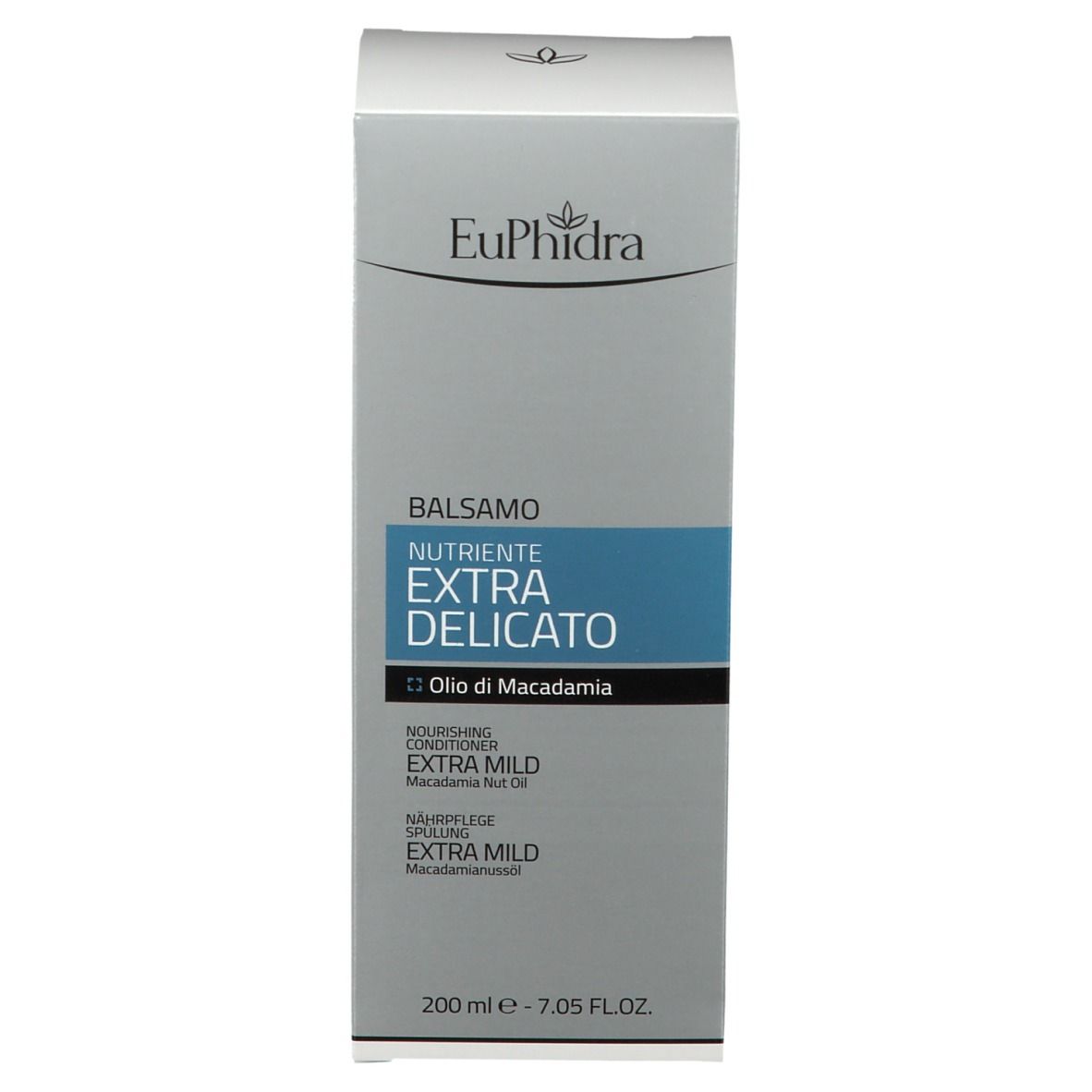 Confezione EuPhidra Pflegespülung. Scritta: Balsamo Nutriente Extra Delicato, Olio di Macadamia. 200 ml - 7.05 FL.OZ.