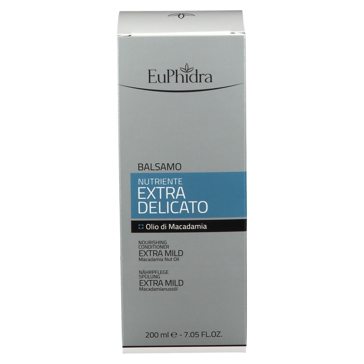 Confezione EuPhidra Pflegespülung. Scritta: Balsamo Nutriente Extra Delicato, Olio di Macadamia. 200 ml - 7.05 FL.OZ.