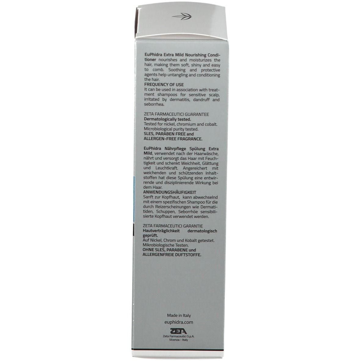 Lato della confezione EuPhidra Pflegespülung. Testo multilingue. Informazioni sugli ingredienti e certificazioni.