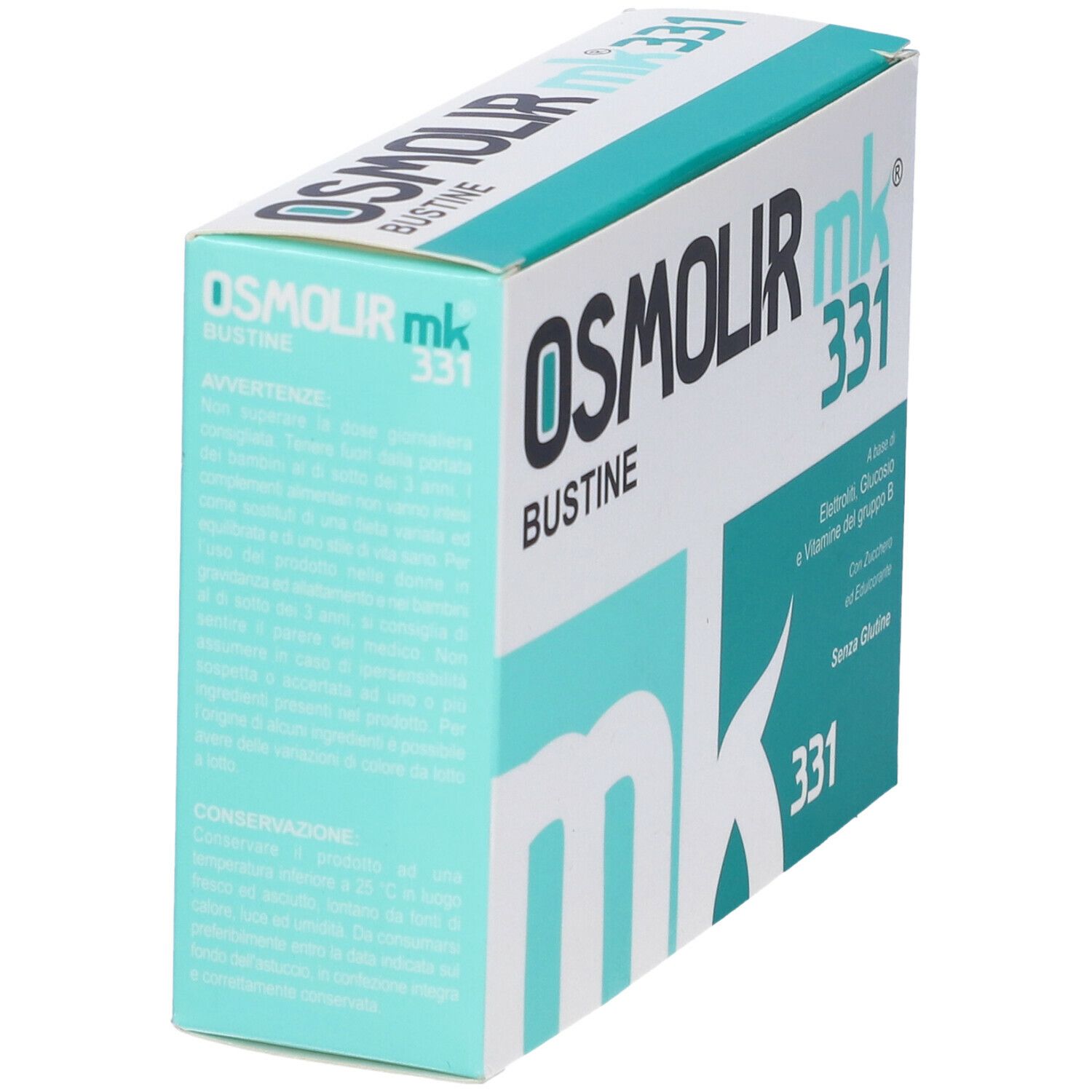 Confezione del prodotto. Nome: Osmolir mk 331 Bustine. Colori turchese e bianco. Scritte e logo.