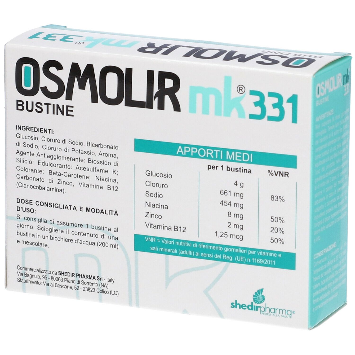 Confezione del prodotto. Nome: Osmolir mk 331 Bustine. Ingredienti e informazioni nutrizionali. Colori turchese e bianco.