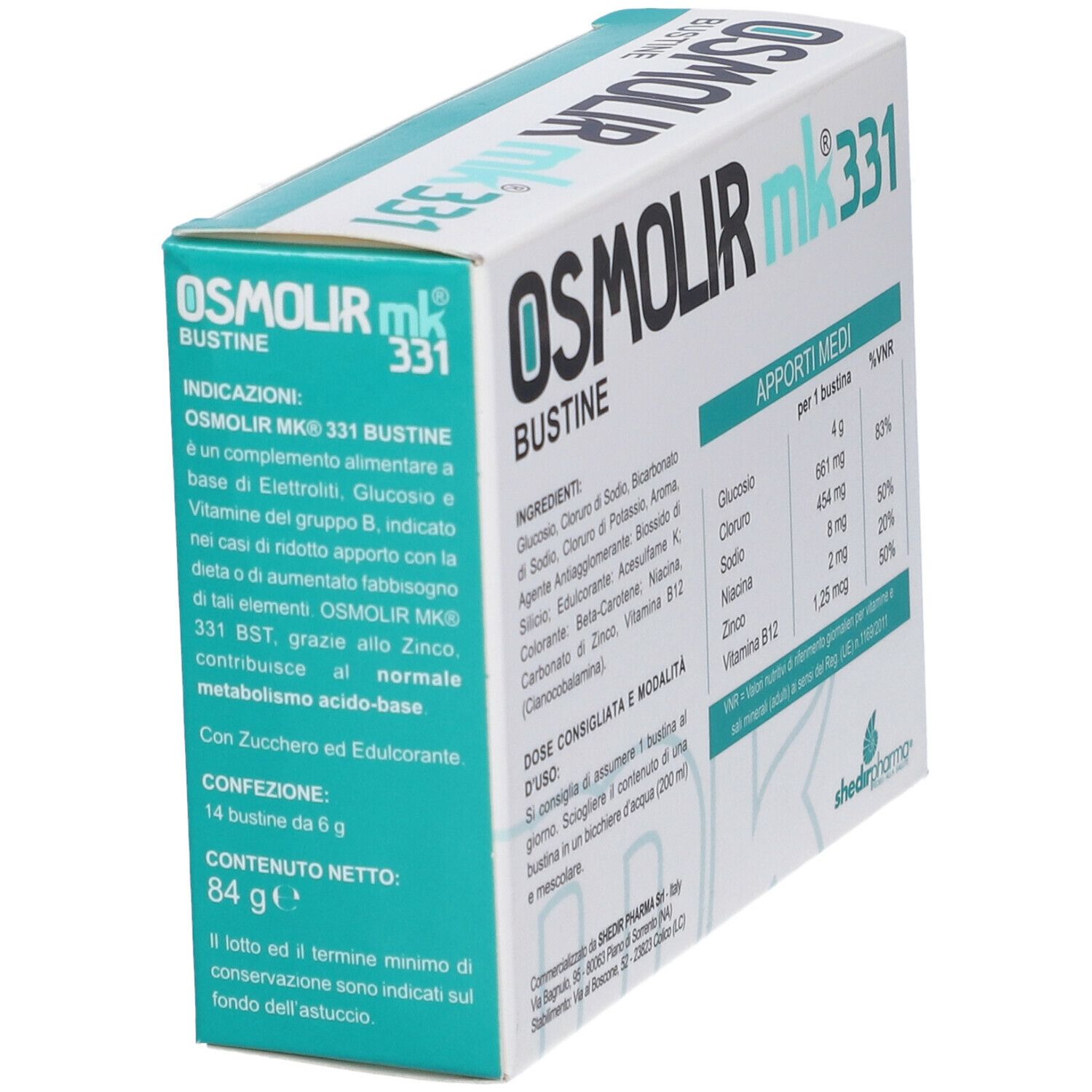 Confezione del prodotto. Nome: Osmolir mk 331 Bustine. Ingredienti e informazioni nutrizionali. Colori turchese e bianco.