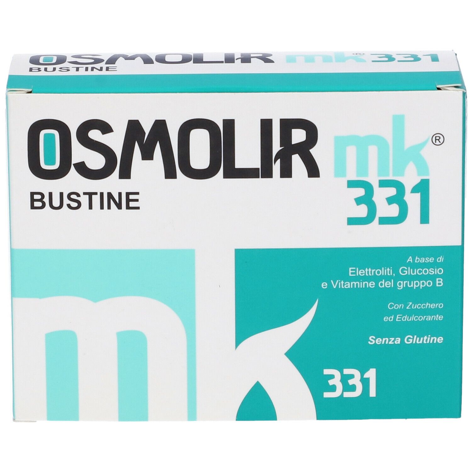 Confezione del prodotto. Nome: Osmolir mk 331 Bustine. Colori turchese e bianco. Scritte e logo.