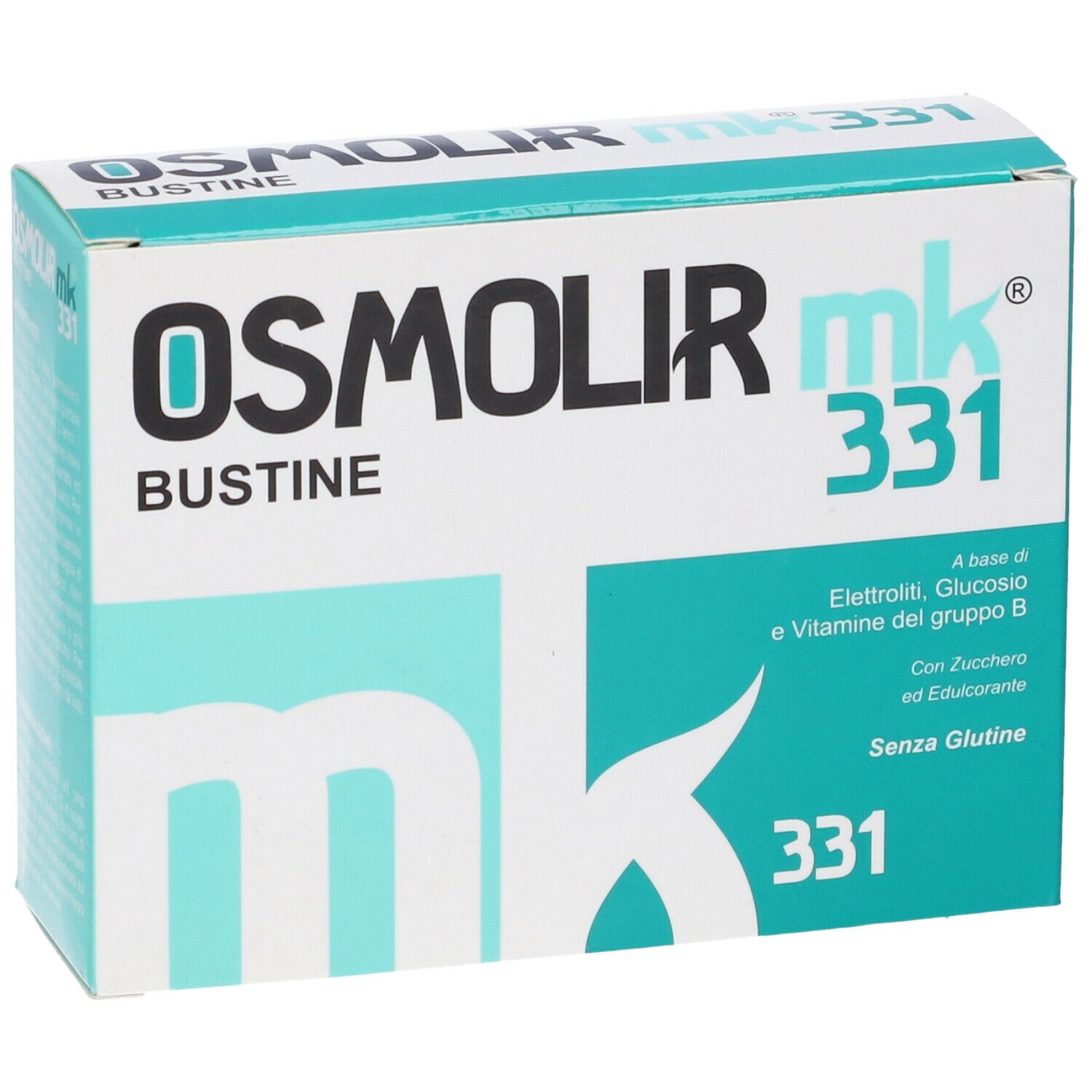 Confezione del prodotto. Nome: Osmolir mk 331 Bustine. Colori turchese e bianco. Scritte e logo.