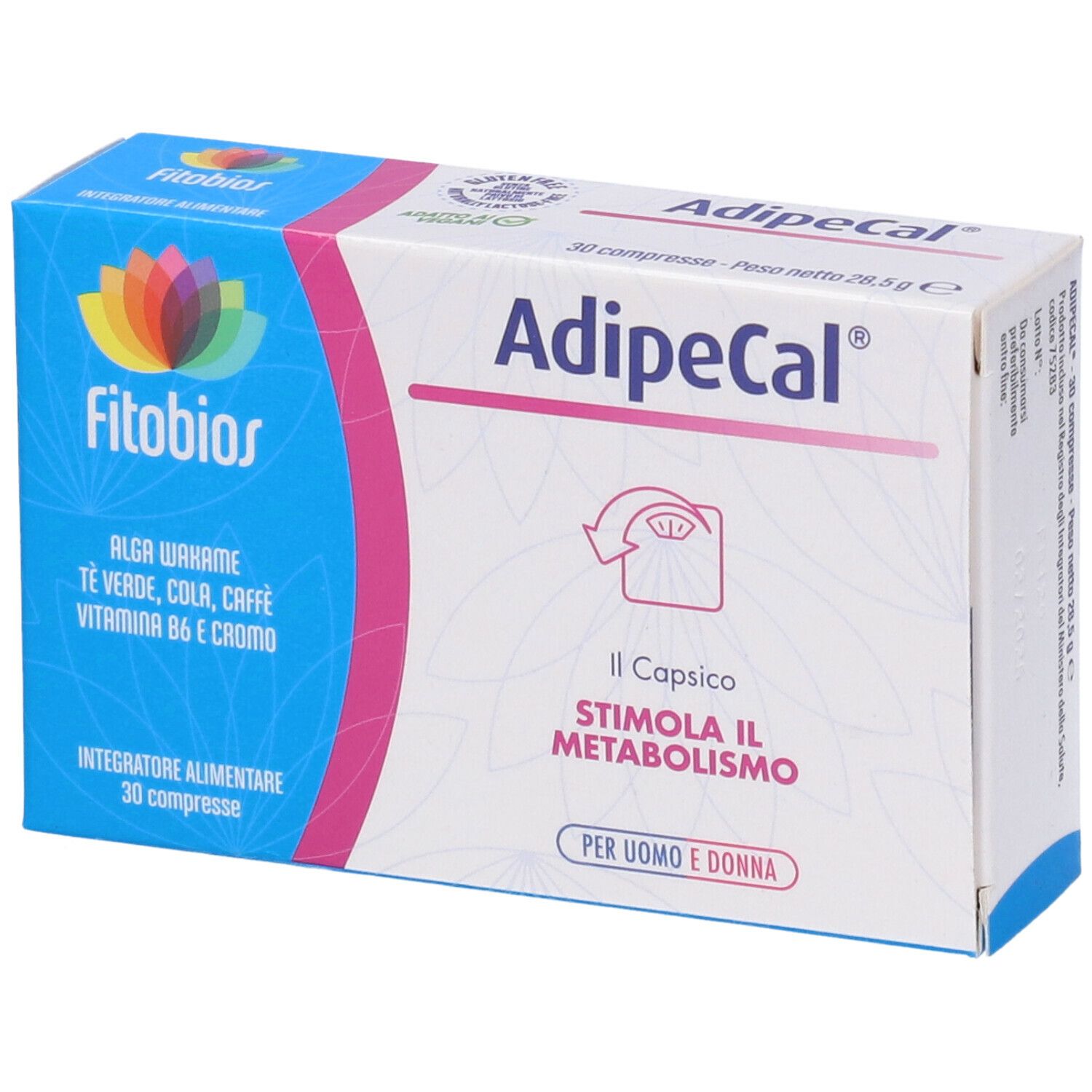Scatola blu di Fitobios Adipecal. Scritto: Alga Wakame, tè, cola, caffè, vitamina B6 e cromo. 30 compresse.