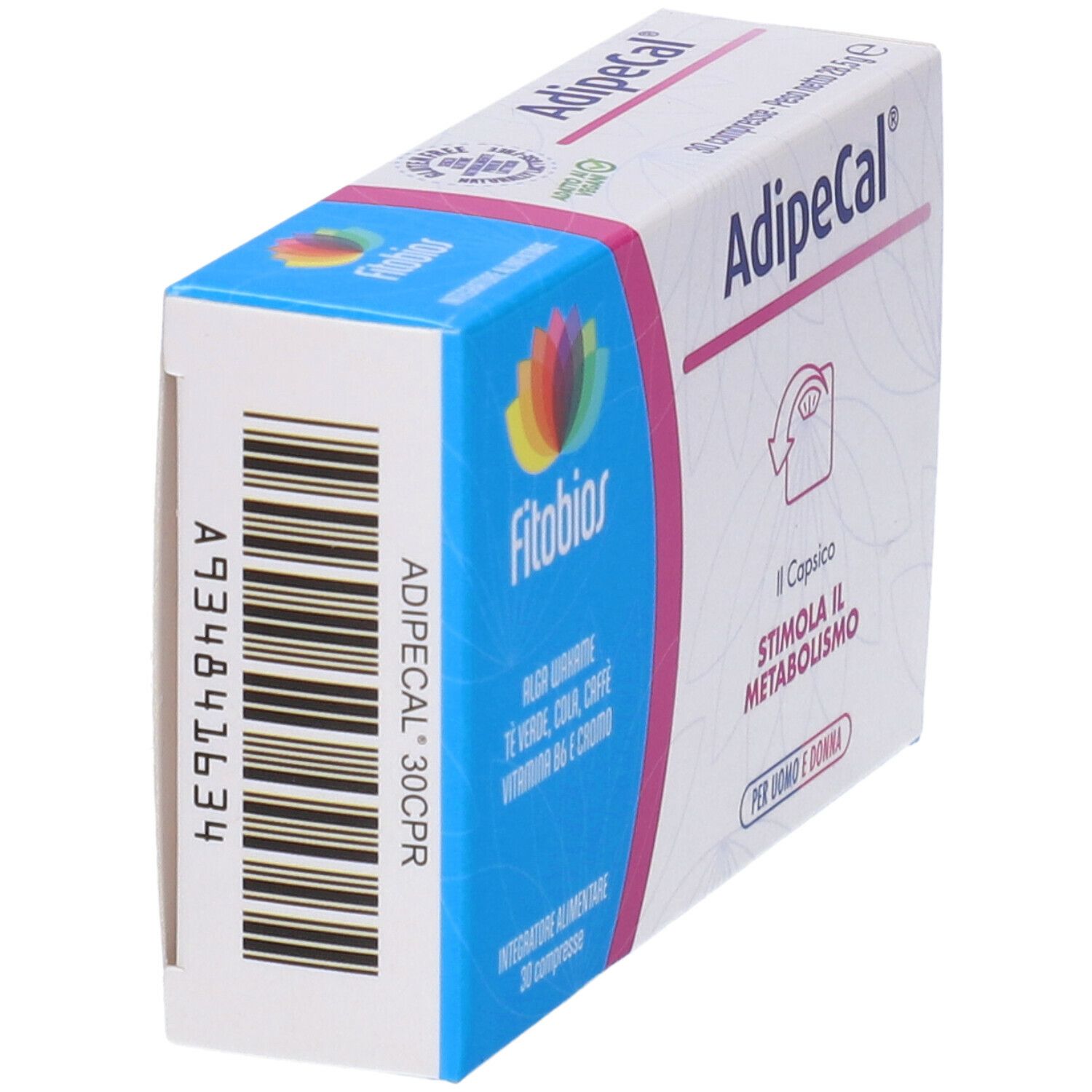 Scatola di Fitobios Adipecal. Colori blu e bianco. Scritto: Alga Wakame, tè, cola, caffè, vitamina B6 e cromo. 30 compresse.