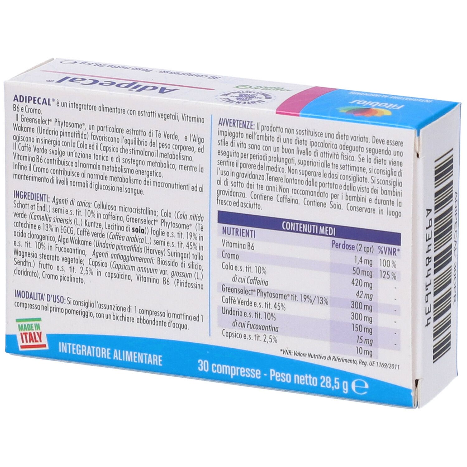 Scatola di Fitobios Adipecal. Codice a barre e informazioni sul prodotto. Scritto: Adipecal 30CPR. 30 compresse.