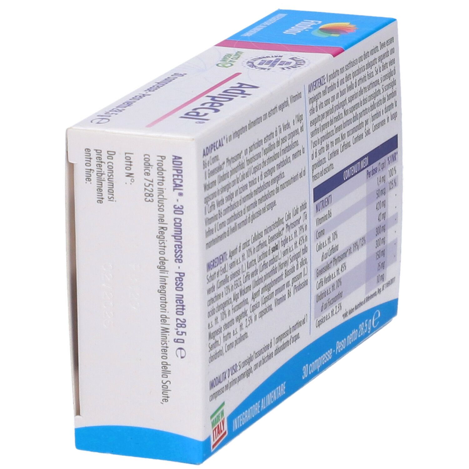 Scatola di Fitobios Adipecal. Informazioni sul prodotto e ingredienti. Scritto: 30 compresse. Peso netto 28,5 g.