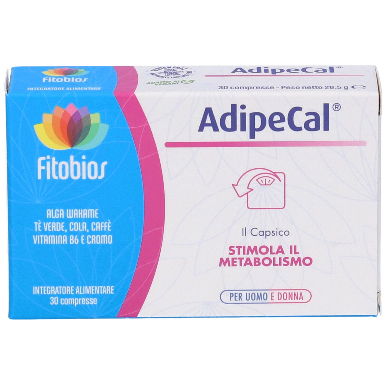 Scatola blu di Fitobios Adipecal. Scritto: Alga Wakame, tè, cola, caffè, vitamina B6 e cromo. 30 compresse.