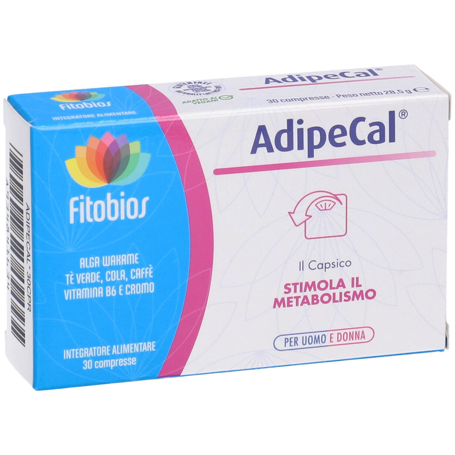 Scatola blu di Fitobios Adipecal. Scritto: Alga Wakame, tè, cola, caffè, vitamina B6 e cromo. 30 compresse.