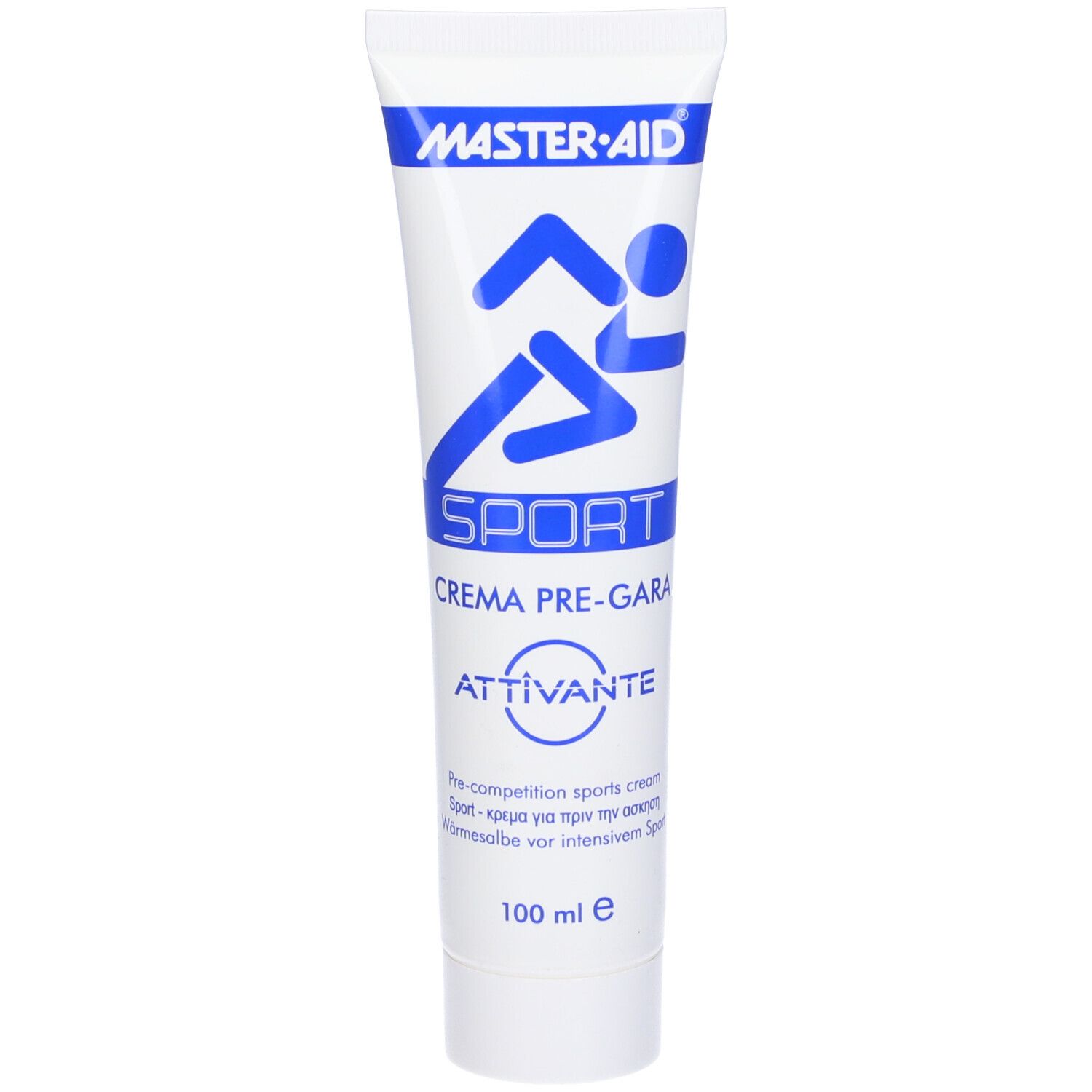 Tubo bianco con testo blu. Scritta: MASTER-AID SPORT CREMA PRE-GARA. Illustrazione di un corridore.